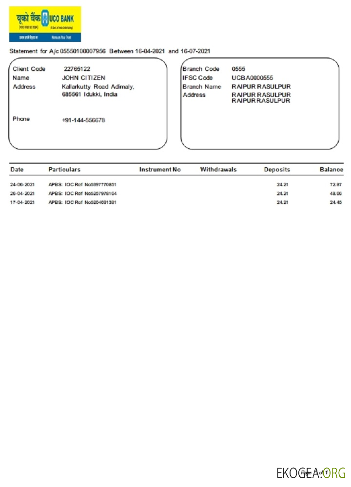 Modèle de relevé bancaire UCO en Inde au format Word et PDF